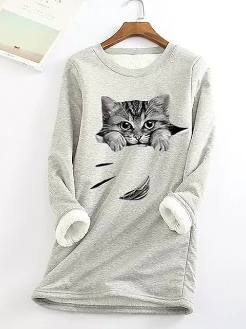 Cozy Plus Size Cat Street Casual Sweatshirt with Teddy Sherpa Fleece