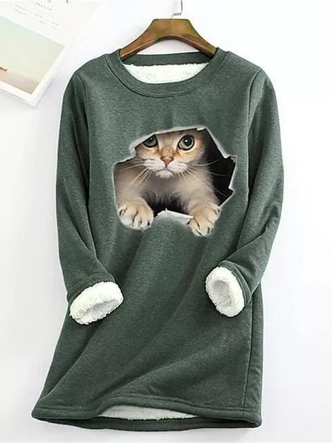 Cozy Plus Size Cat Street Casual Sweatshirt with Teddy Sherpa Fleece