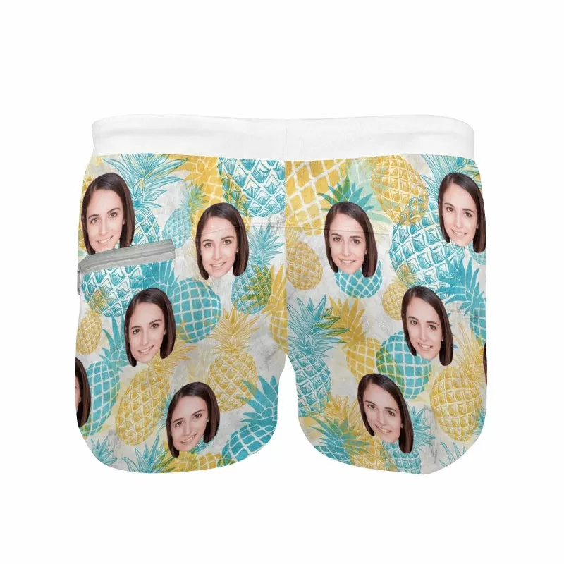 Custom Face Pineapple Men's Swimwear Short Swim Trunks with Zipper Pocket Personalized Surfing Square Leg Board Shorts