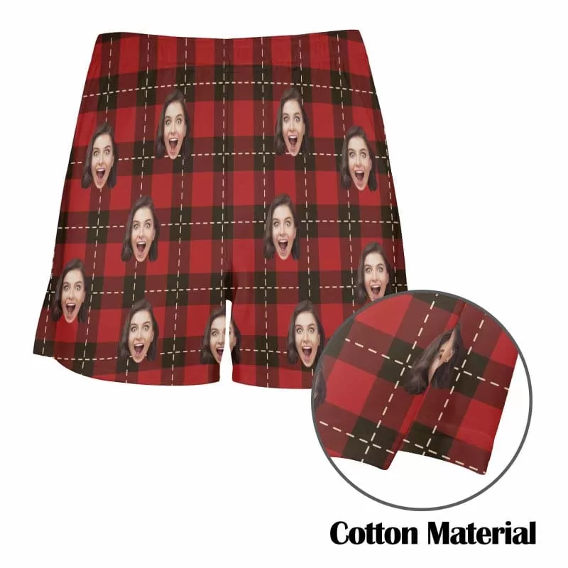 Custom Face Red Plaid Boxer Shorts Pure Cotton Shorts for Men