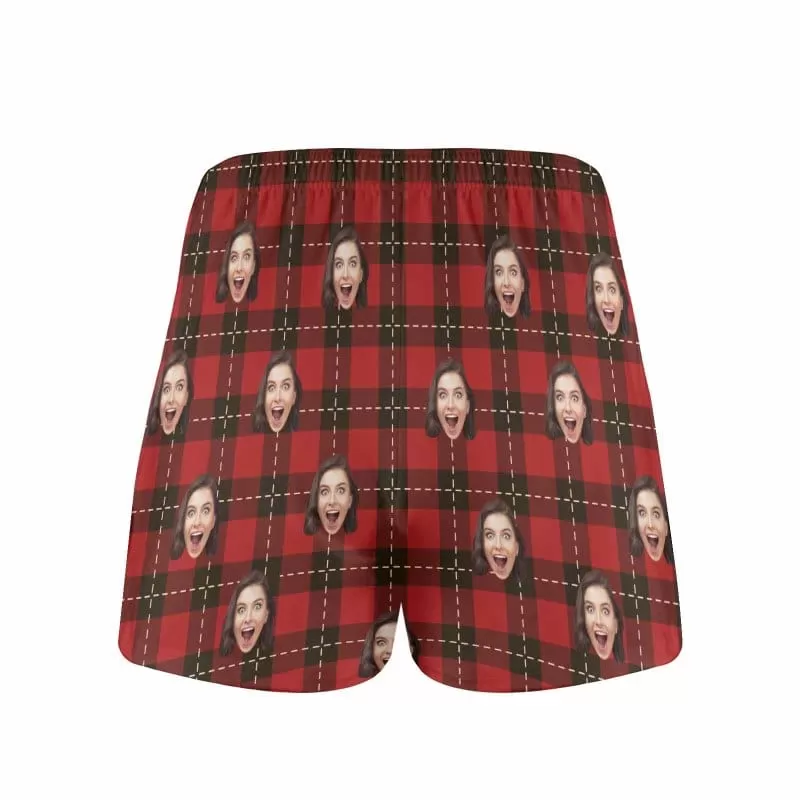 Custom Face Red Plaid Boxer Shorts Pure Cotton Shorts for Men