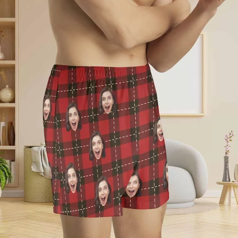 Custom Face Red Plaid Boxer Shorts Pure Cotton Shorts for Men