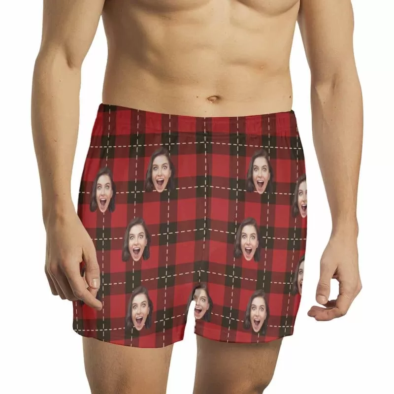 Custom Face Red Plaid Boxer Shorts Pure Cotton Shorts for Men