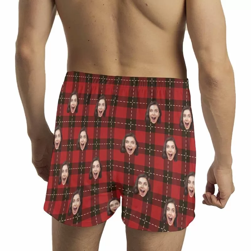 Custom Face Red Plaid Boxer Shorts Pure Cotton Shorts for Men