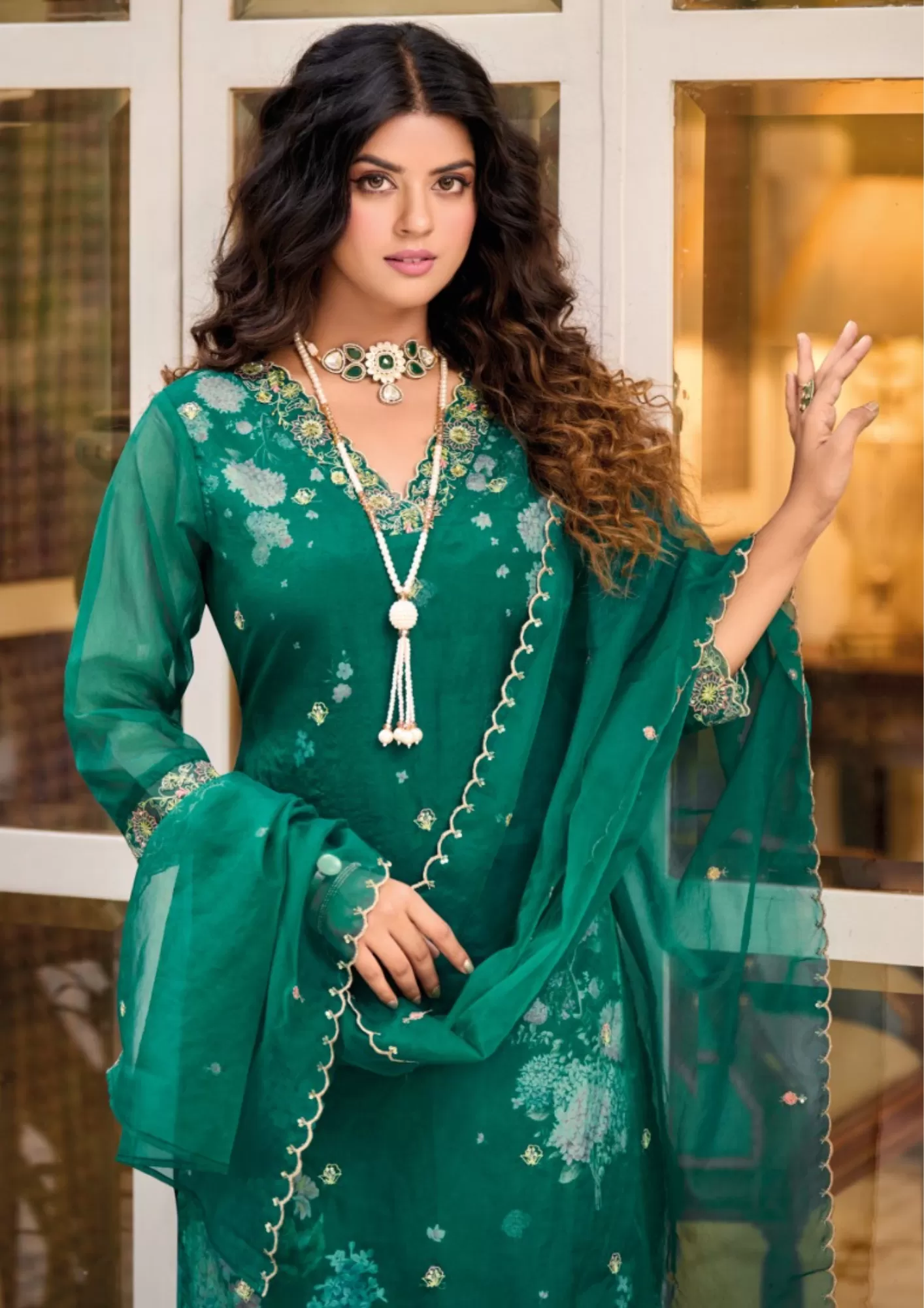 Delightful Dark Green Color Organza Embroidered Work Kurti With Pants And Dupatta