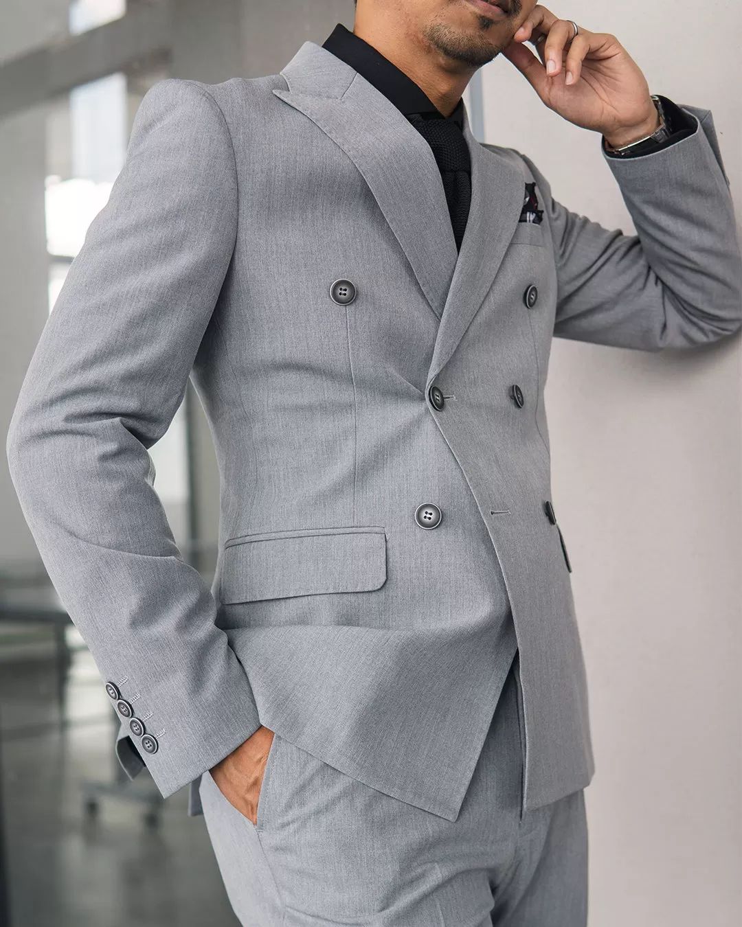 Double Breasted Suit Blazer - Light Grey (Peak Lapel)