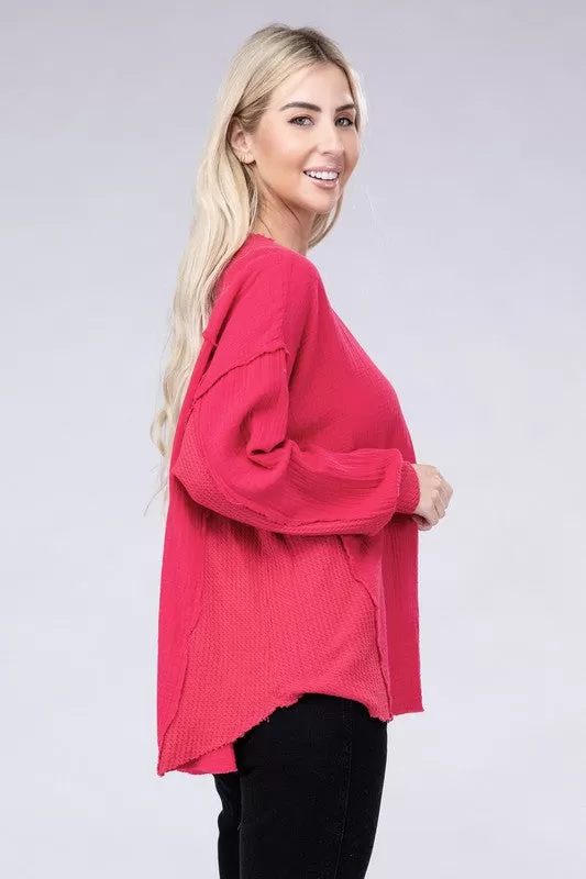 Double Gauze Oversized 3/4 Button Henley Neck Top