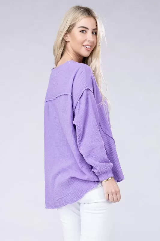 Double Gauze Oversized 3/4 Button Henley Neck Top