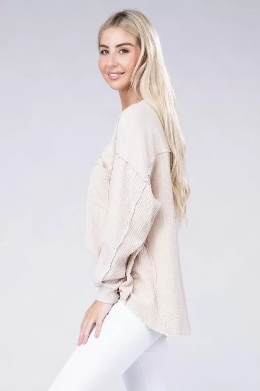 Double Gauze Oversized 3/4 Button Henley Neck Top