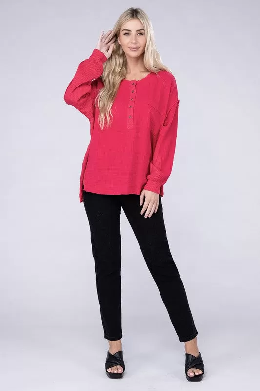 Double Gauze Oversized 3/4 Button Henley Neck Top