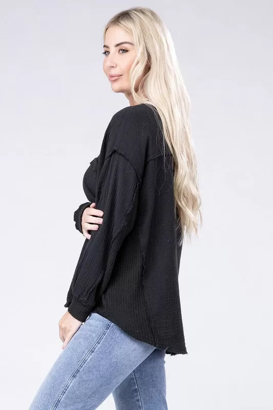 Double Gauze Oversized 3/4 Button Henley Neck Top