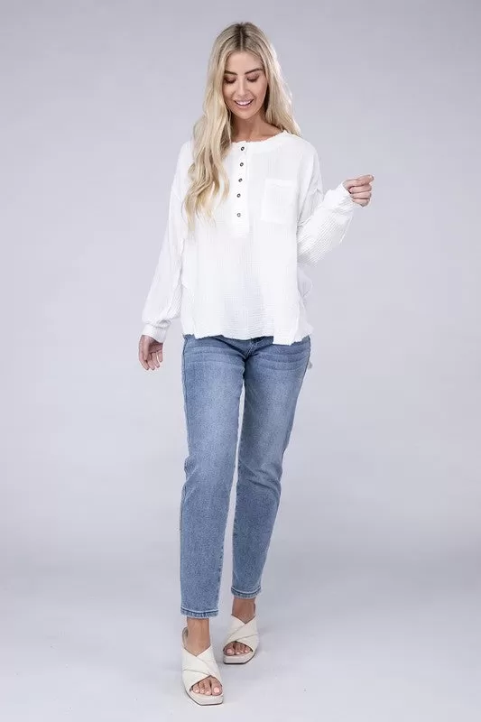 Double Gauze Oversized 3/4 Button Henley Neck Top