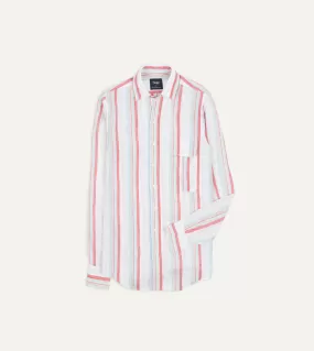 Ecru, Red and Blue Track Stripe Linen Spread Collar Shirt