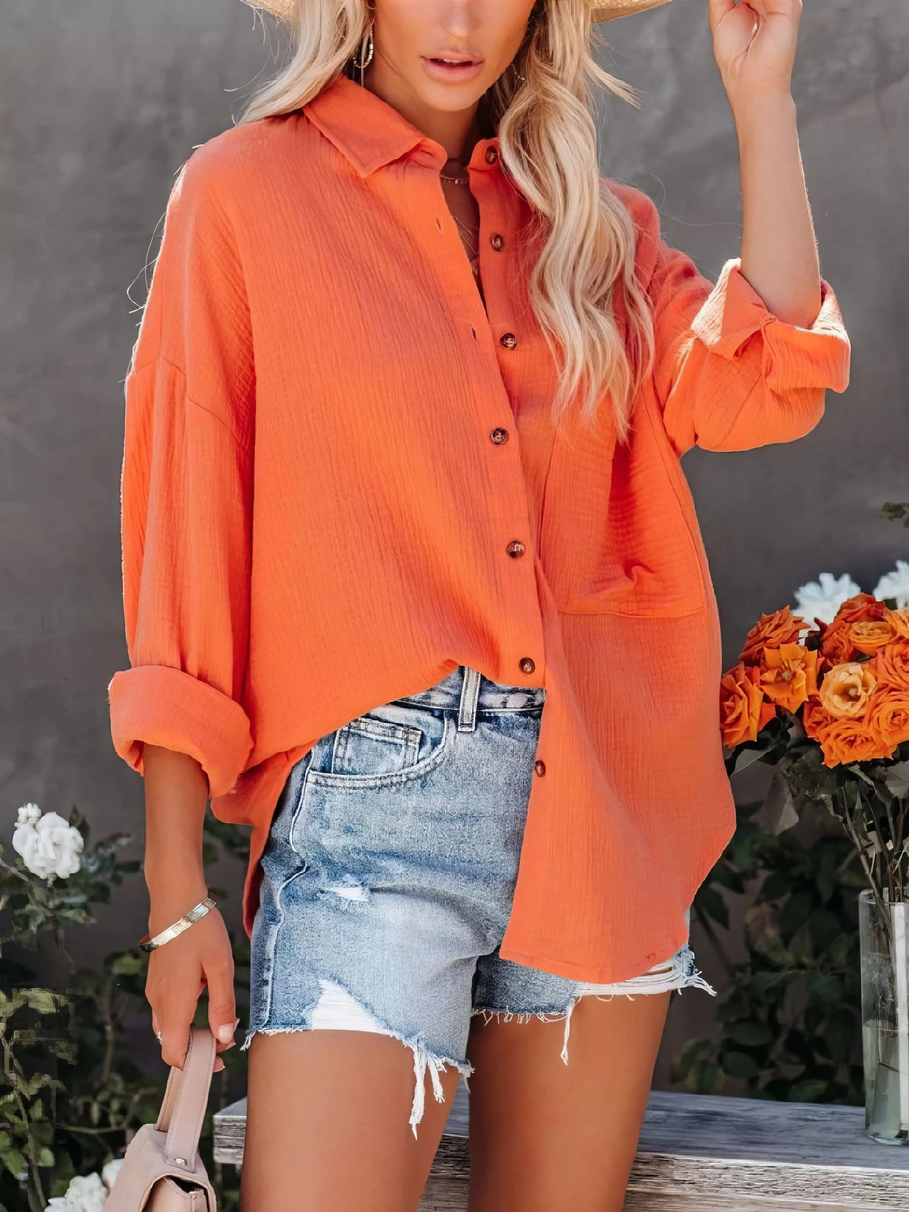 Elegant Button-Up V-Neck Long Sleeve Blouse