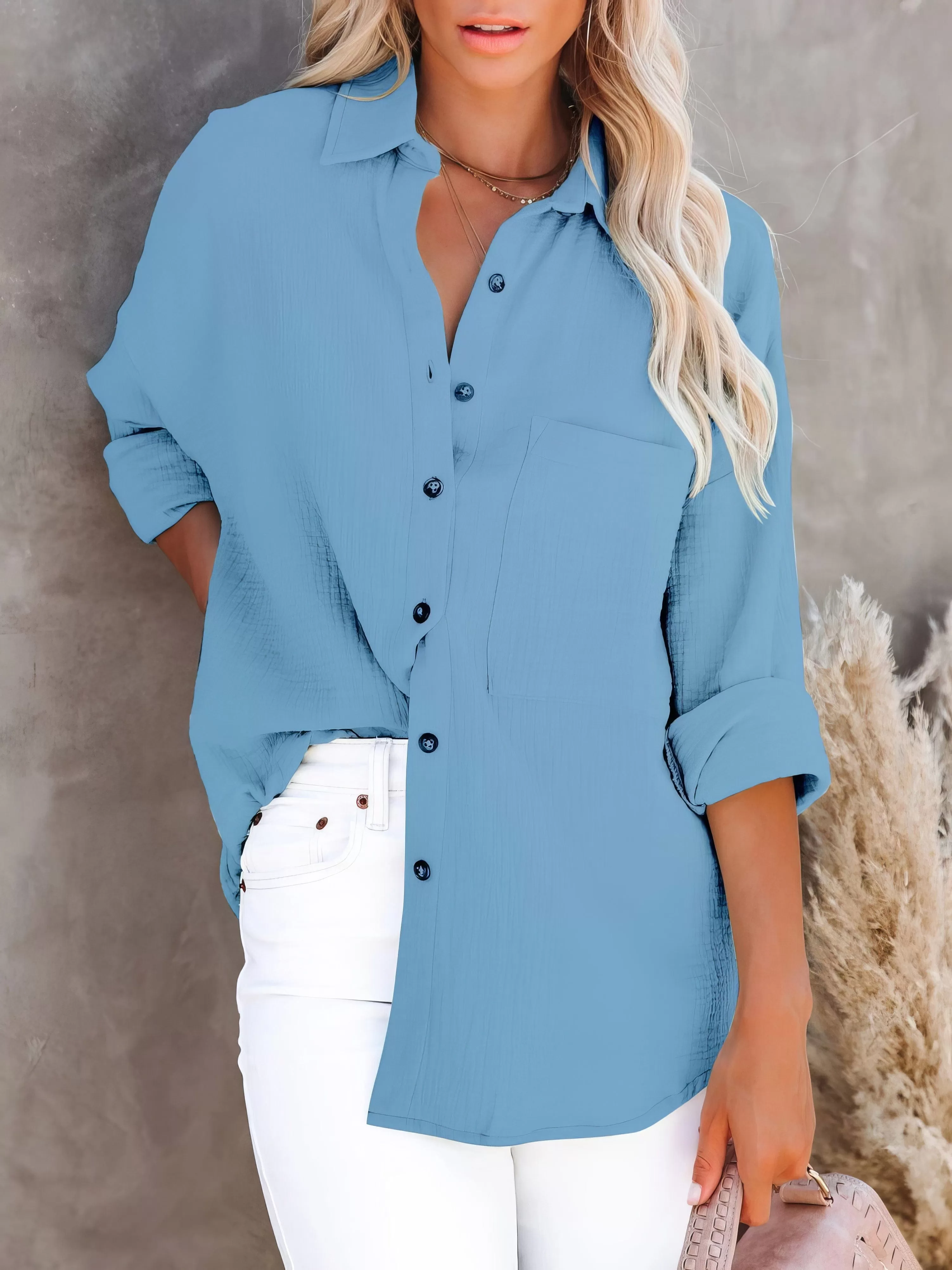 Elegant Button-Up V-Neck Long Sleeve Blouse