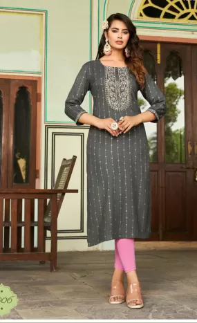 Elegant Grey Color Designer Rayon Foil Print Kurti With Fancy Embroidery Work