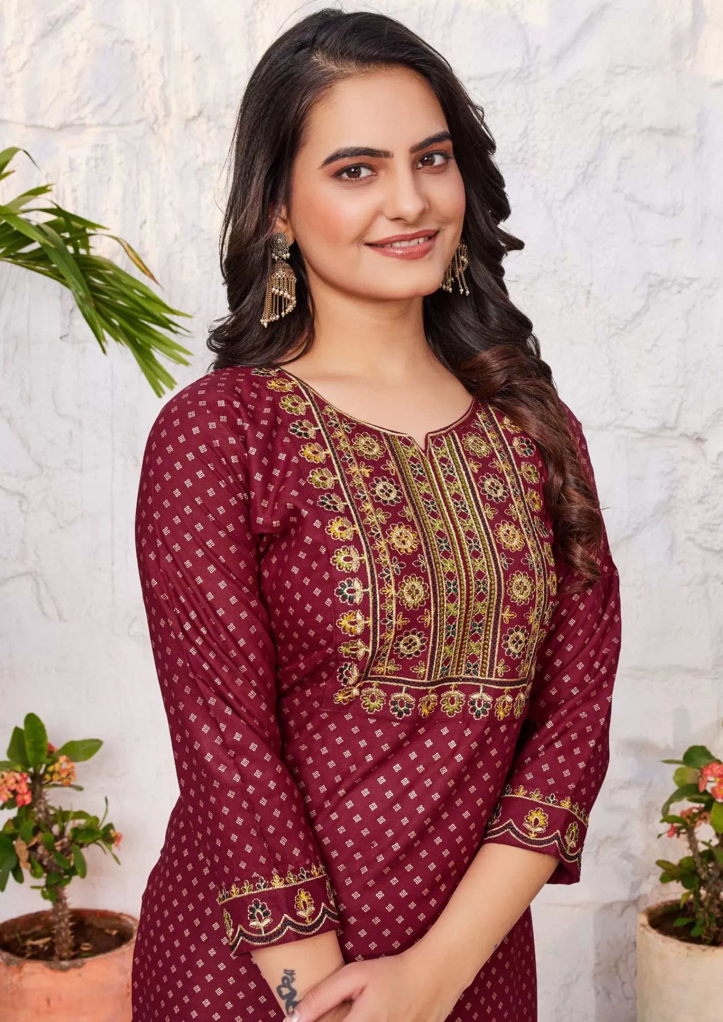 Elegant Maroon Color Rayon Kurti With Zari & Thread Embroidery Work