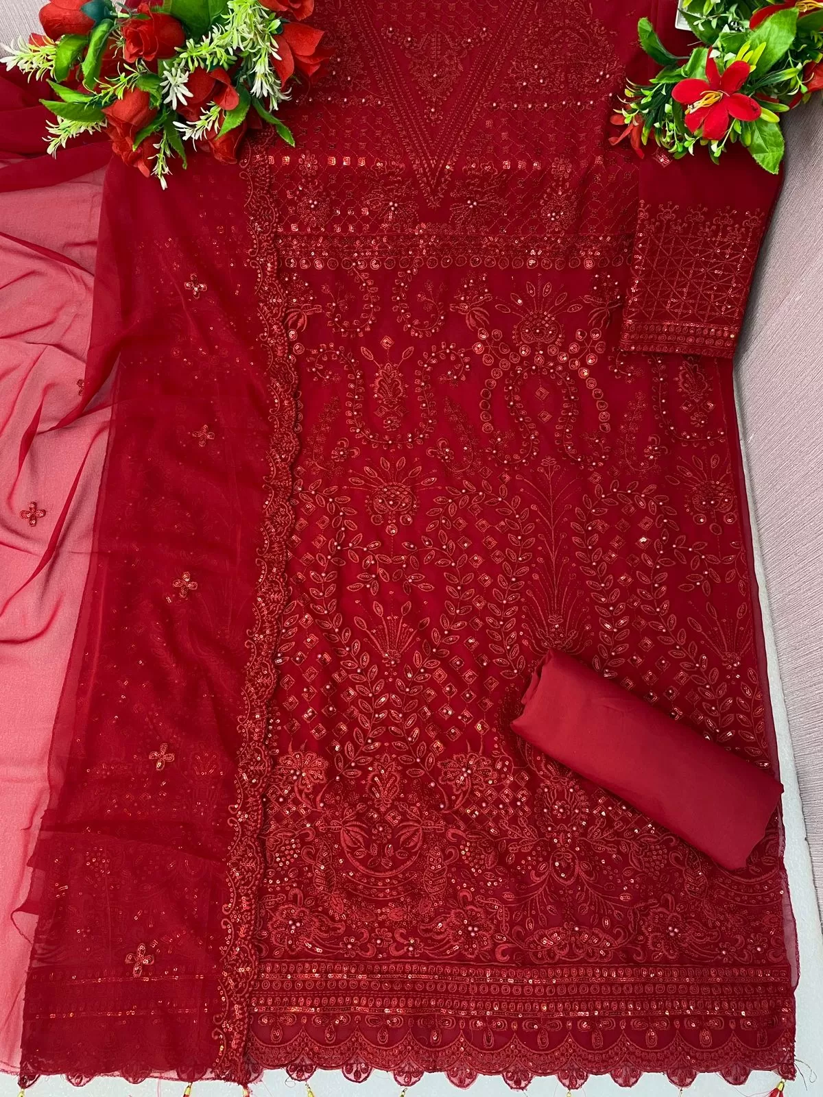 Elegant Red Color Heavy Designer Sequins Embroidery Work Salwar Suit