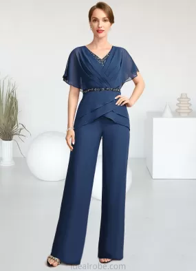 Eloise Jumpsuit/Pantsuit Separates V-Neck Floor-Length Chiffon Mother of the Bride Dress With Beading Pleated Sequins STKP0021800