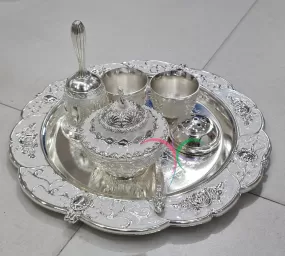 Exclusive collection for festive season Puja Celebrations White Enamel German Silver Pooja Set -USS001WE