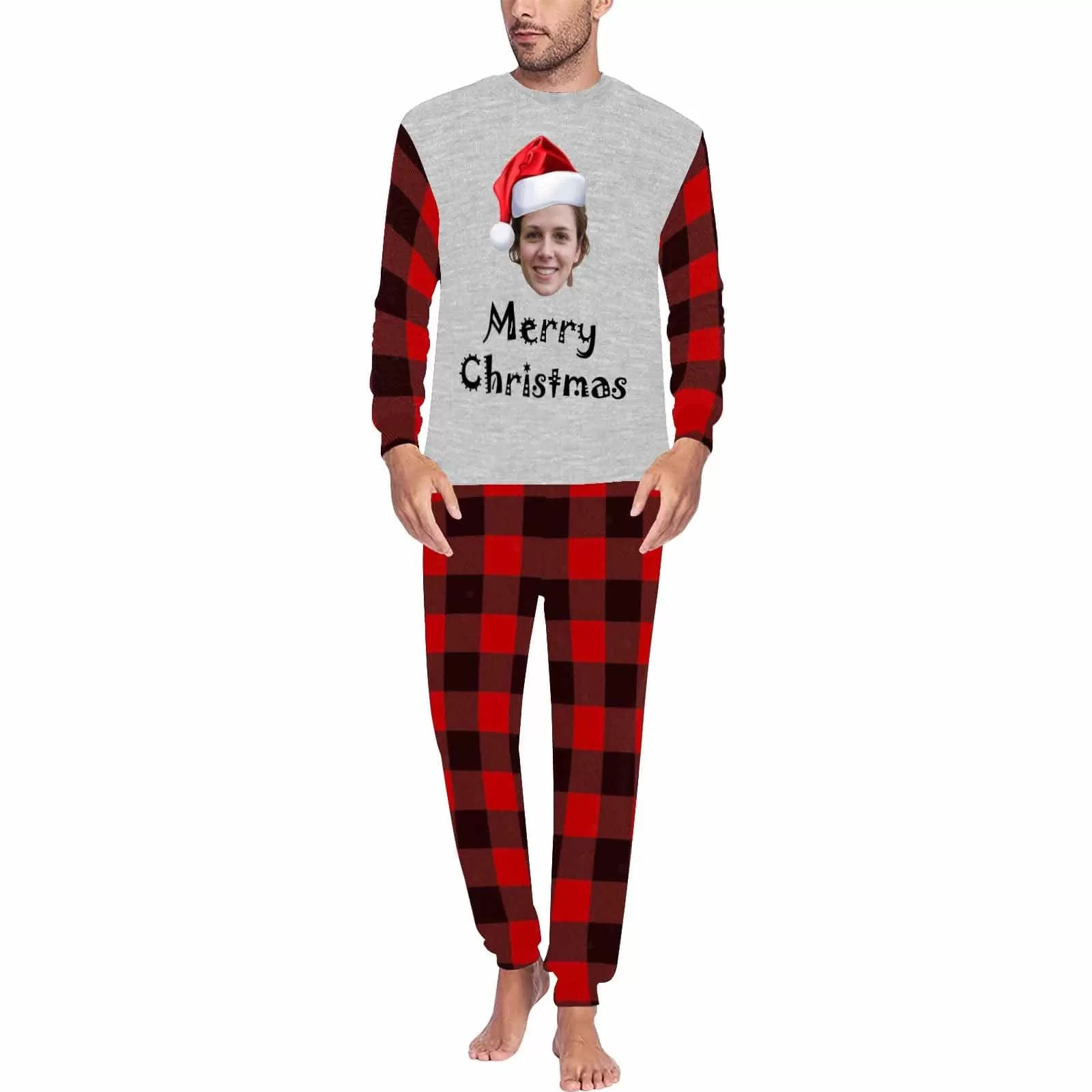 Face Pajamas Custom Face Red Plaid Red Christmas Hat Family Matching Long Sleeve Pajama Set Personalized Photo Loungewear