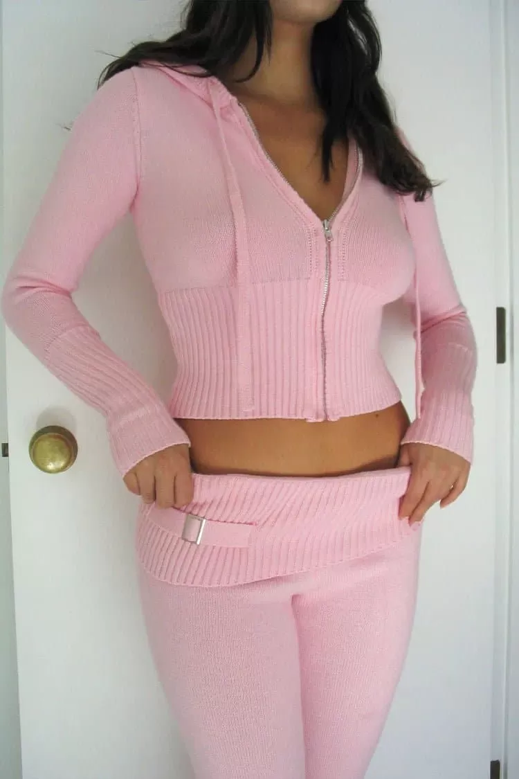 Frankies Bikinis Aimee Zip Up Cloud Knit Hoodie in Valentine Pink as seen on Addison Rae