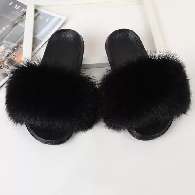 Furry Flat Sandals Cute Fluffy Slippers