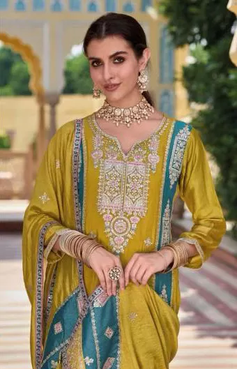 Gorgeous Premium Silk Mustard Yellow Colored Embroidery Work Salwar Suits With Fancy Dupatta