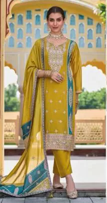 Gorgeous Premium Silk Mustard Yellow Colored Embroidery Work Salwar Suits With Fancy Dupatta