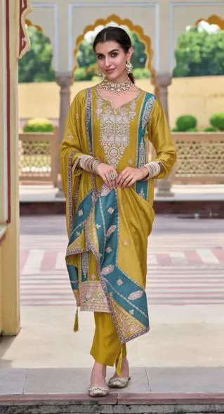 Gorgeous Premium Silk Mustard Yellow Colored Embroidery Work Salwar Suits With Fancy Dupatta