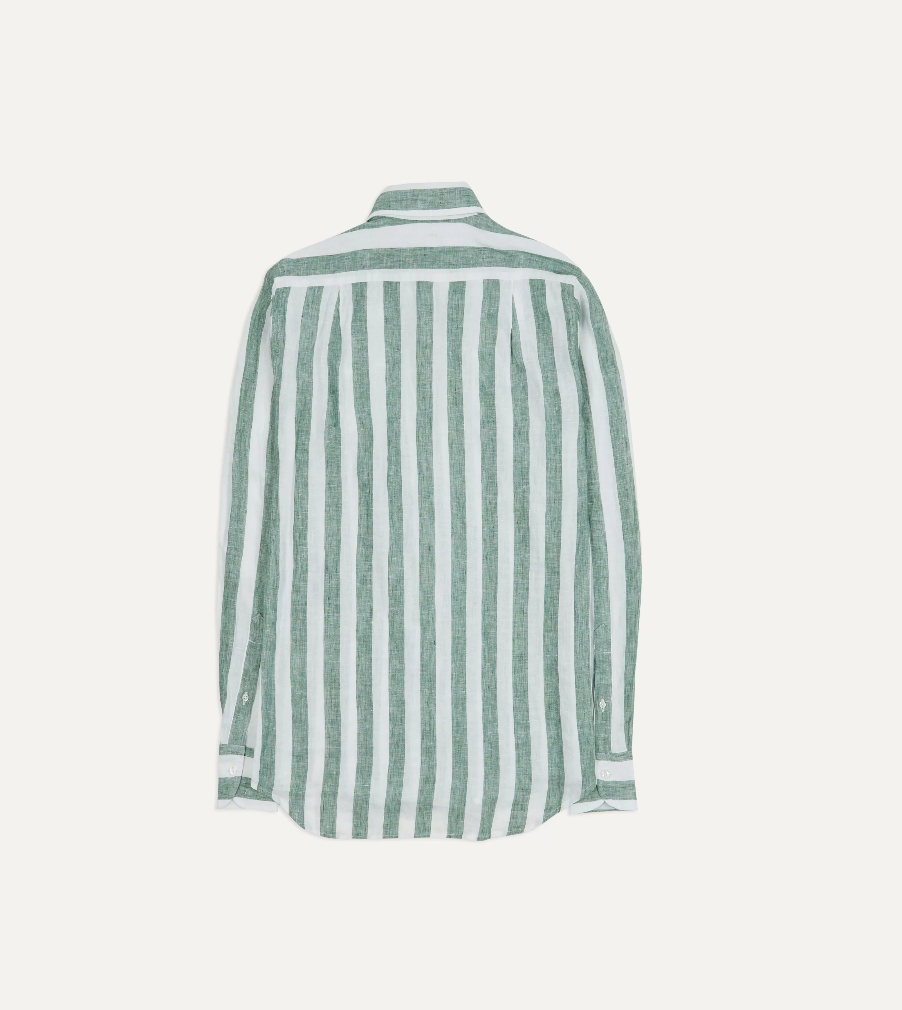 Green and White Broad Stripe Linen Spread Collar Shirt