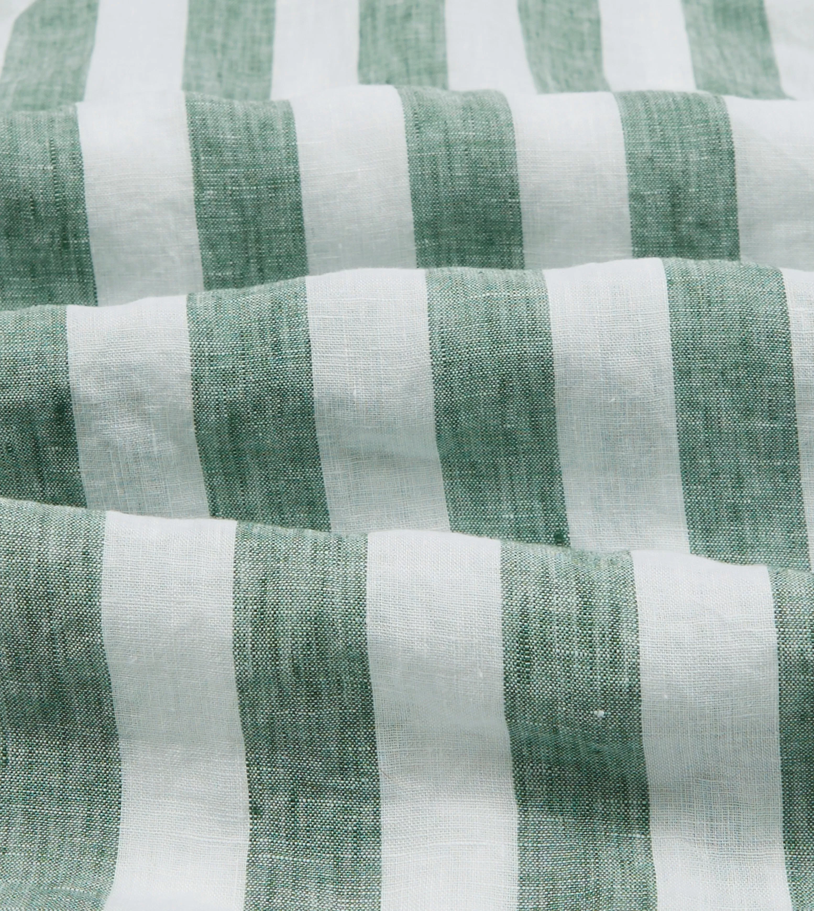 Green and White Broad Stripe Linen Spread Collar Shirt