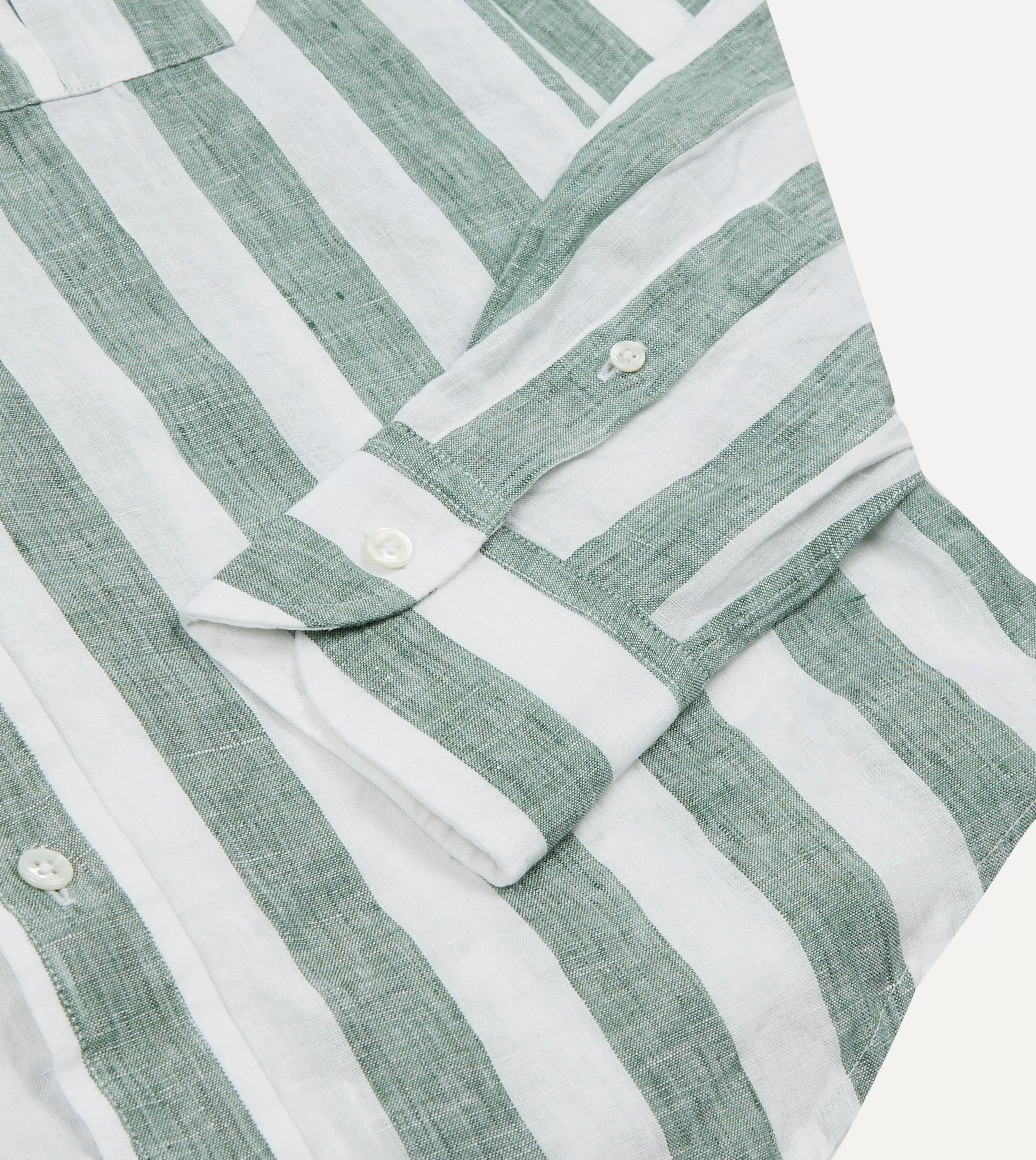 Green and White Broad Stripe Linen Spread Collar Shirt