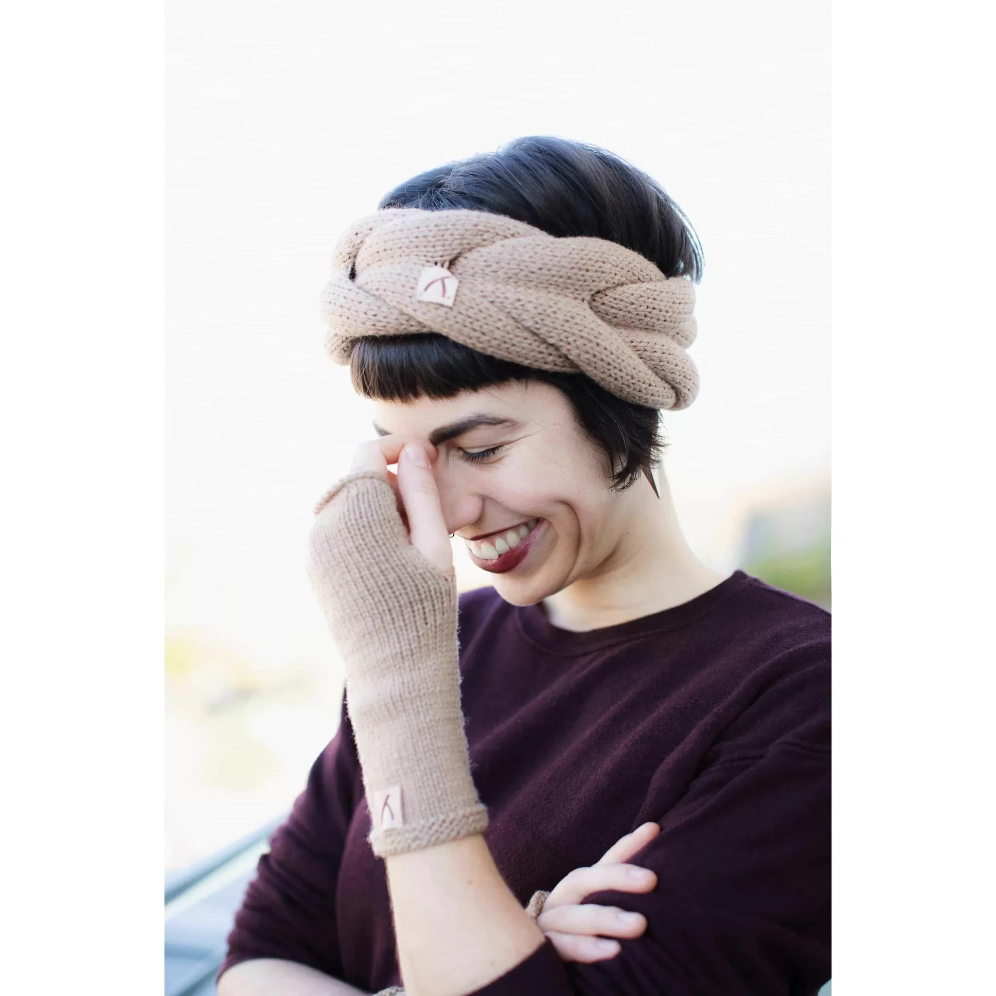 Hand-knitted Wool Headband in Light Brown