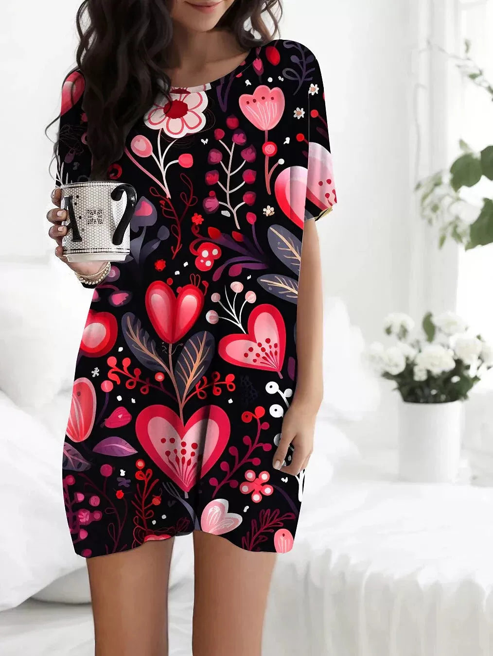 Heart Print Fleece Nightgown Bundle with Hooded Cardigan