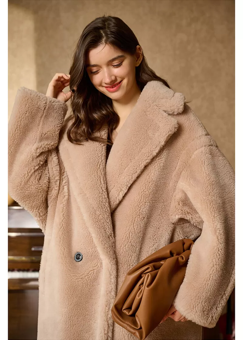 June Oversize Two Button Wool Fur Long Teddy Coat