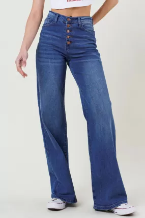 Just My Luck High Rise Button Up Wide Leg Jeans