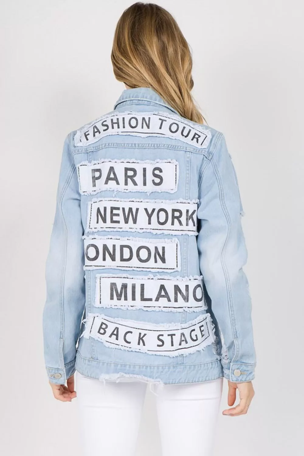 Light Blue Letter Patched Distressed Denim Jacket