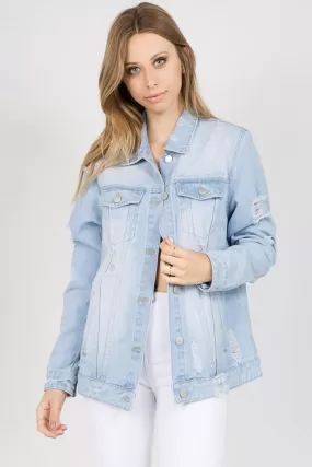 Light Blue Letter Patched Distressed Denim Jacket