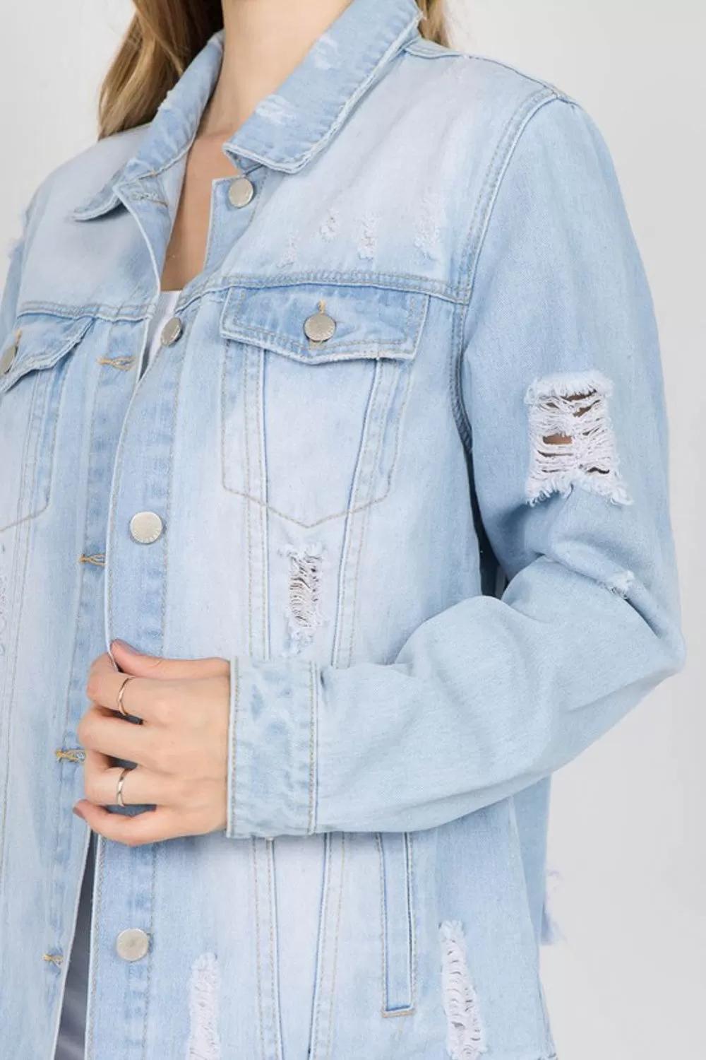 Light Blue Letter Patched Distressed Denim Jacket