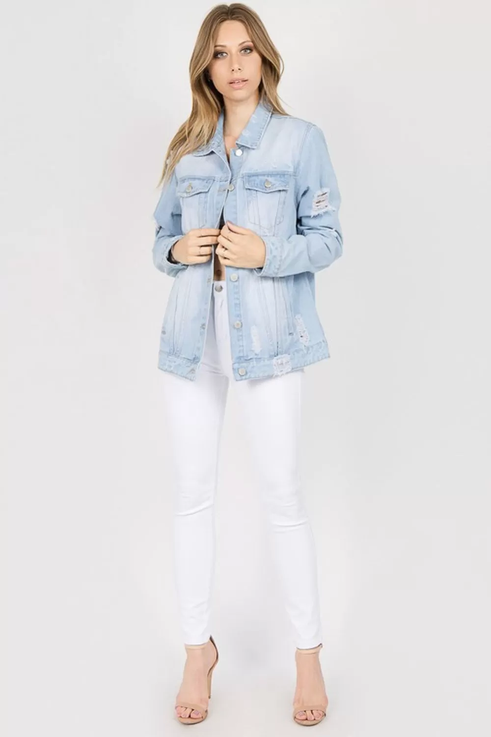 Light Blue Letter Patched Distressed Denim Jacket