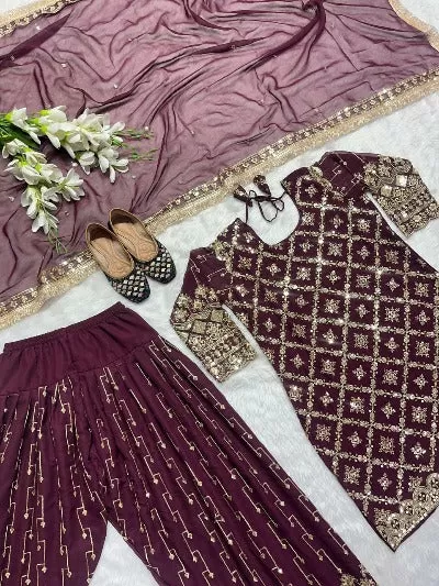 Maroon Sequence Work Georgette Punjabi Dhoti Salwar Suit