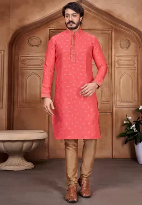 Men's Pure Jacquard Leaf Printed Kurta Pajama Set - Pink