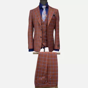 Mens Tiglio Luxe 3-Piece Modern Fit Wool Suit - Brick Color with Blue Plaid Stripes