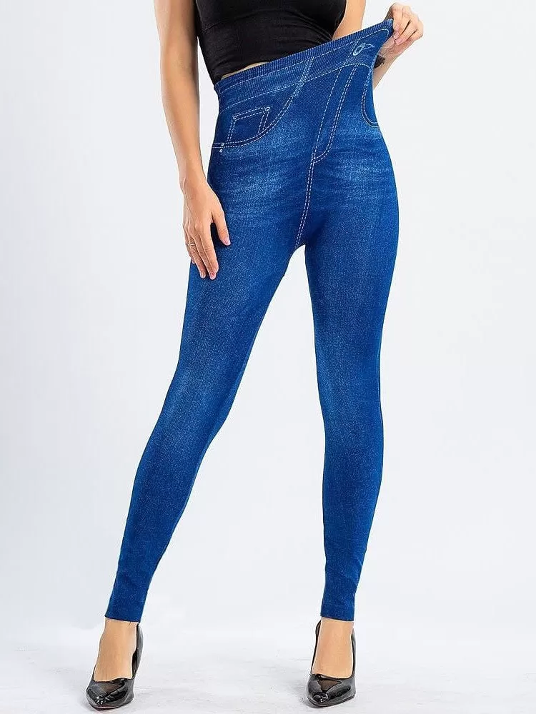 Modern High Waist Faux Denim Leggings for Women, Black and Blue