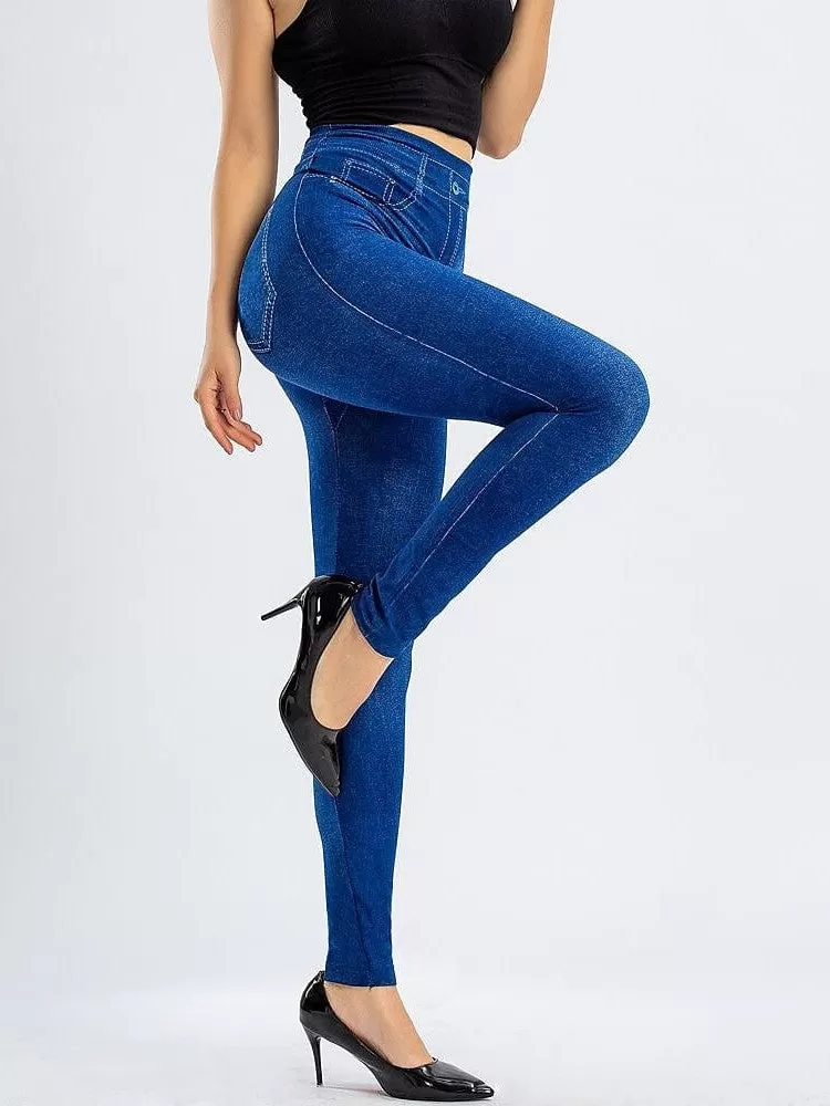 Modern High Waist Faux Denim Leggings for Women, Black and Blue