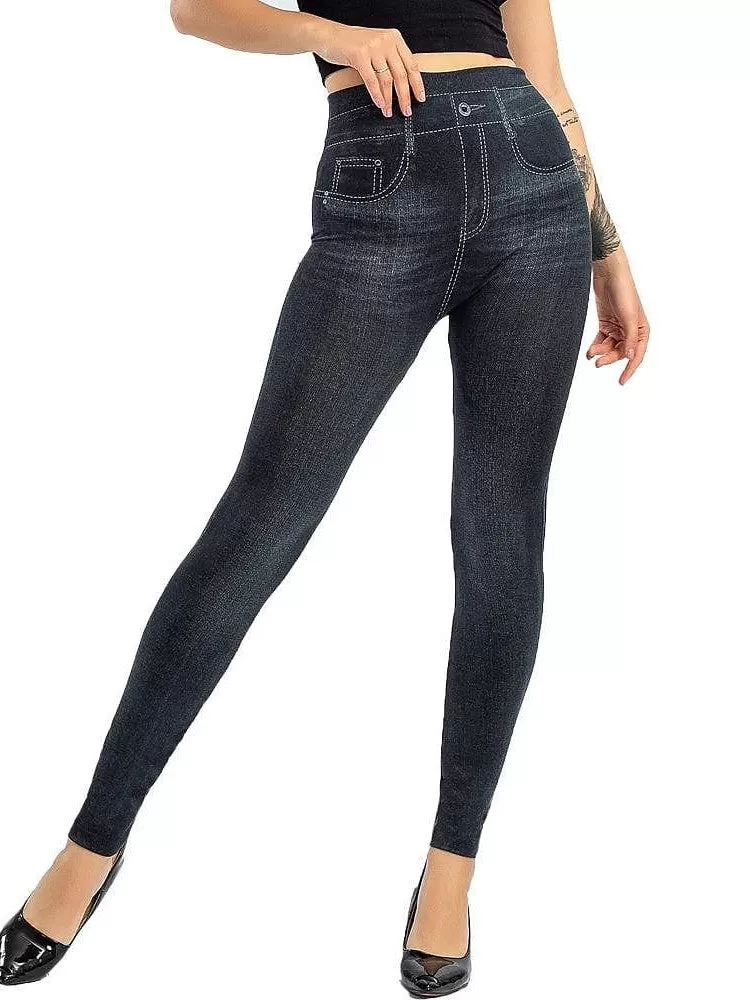 Modern High Waist Faux Denim Leggings for Women, Black and Blue