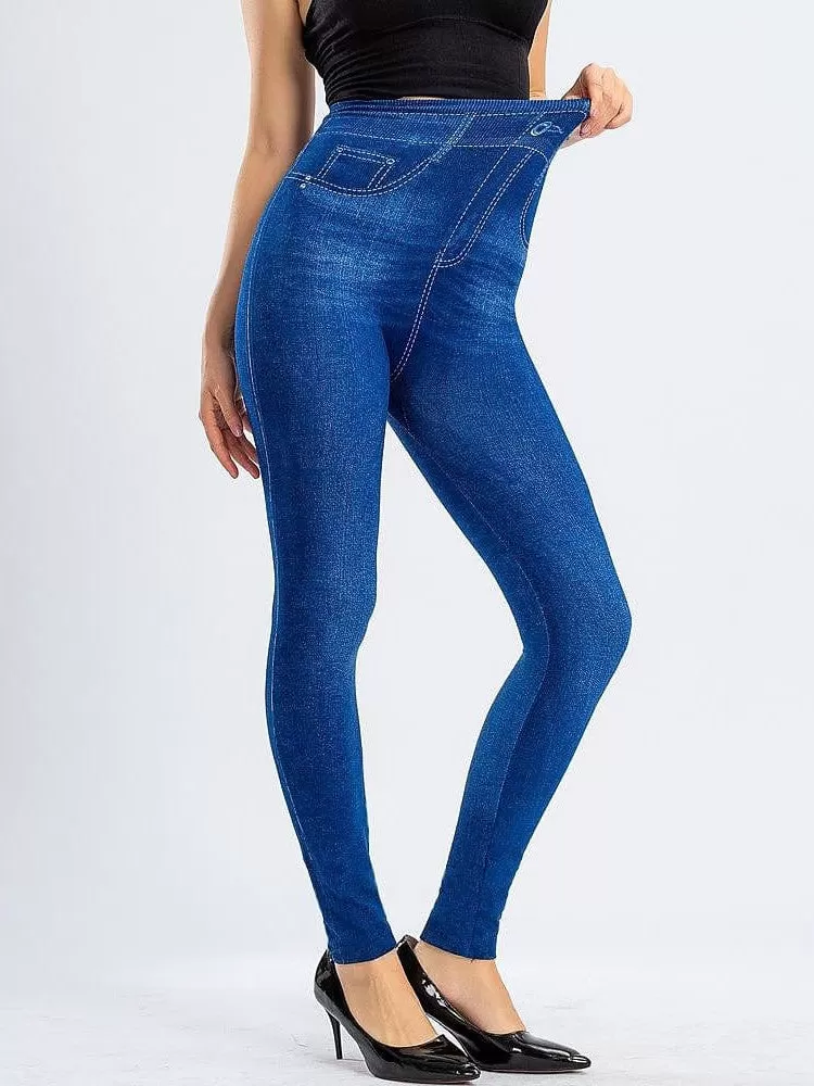 Modern High Waist Faux Denim Leggings for Women, Black and Blue