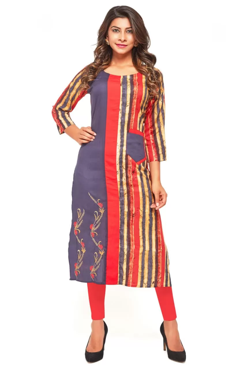 Multi-Colored Slub Rayon Round Neck Kurti