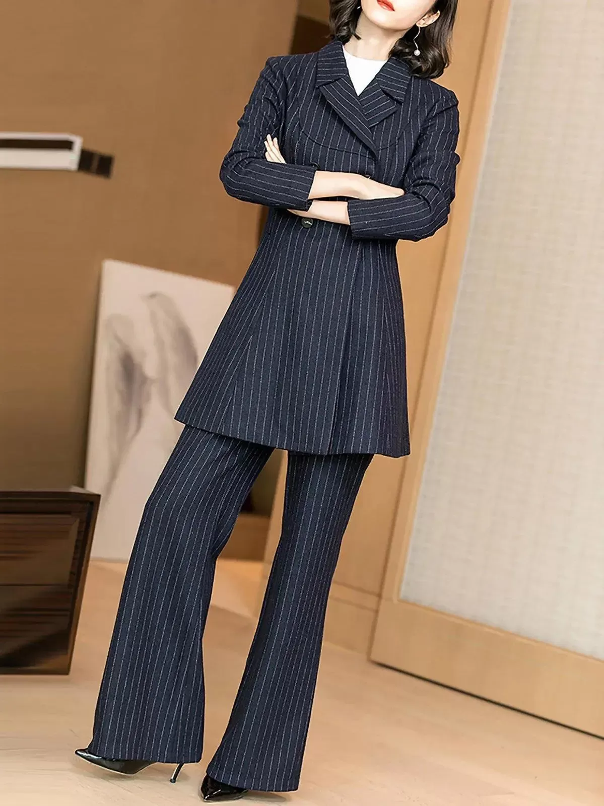 Navy Blue Wool Blend Long Blazer & Flare Pants Set